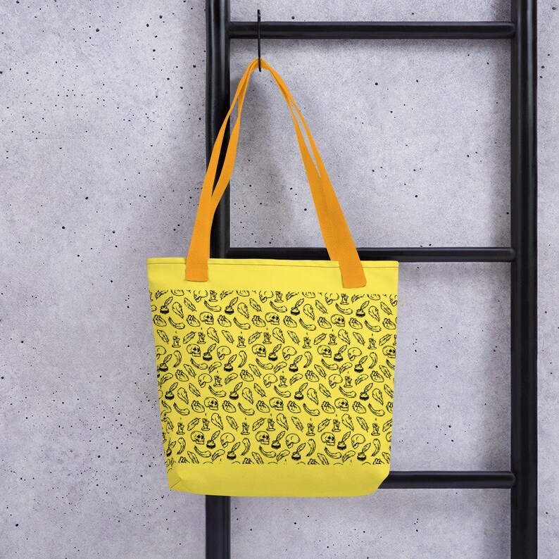 Yellow and Black Beach Tote Bag Goth Inspired Edgar Allan Poe Skull and Feather Tote Bag