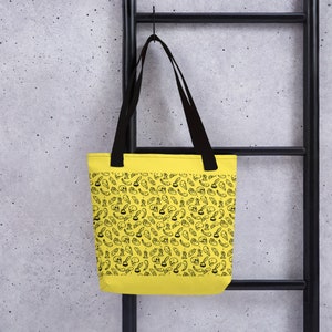 Yellow and Black Beach Tote Bag Goth Inspired Edgar Allan Poe Skull and Feather Tote Bag