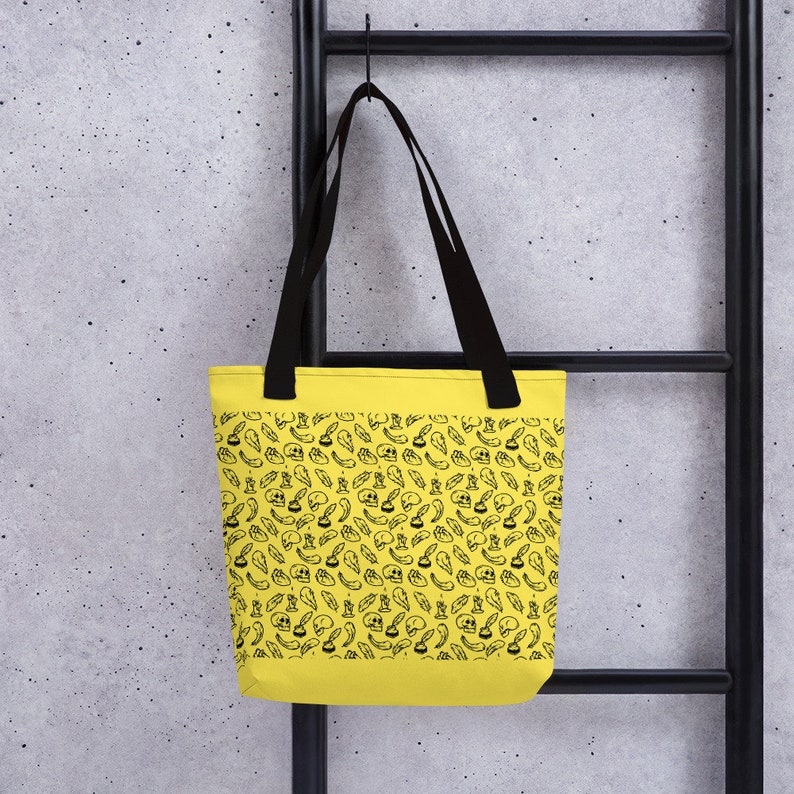Yellow and Black Beach Tote Bag Goth Inspired Edgar Allan Poe Skull and Feather Tote Bag