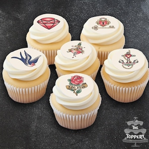Traditional Tattoos - Precut Edible Icing Toppers for Cupcakes, Cookies, Cake Pops, Frosted Desserts