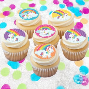 Rainbow Unicorns - Precut Edible Toppers for Cupcakes, Cookies, Cake Pops, Lollipop, Birthday, Baby, Wedding, Icing Image, Party Favors