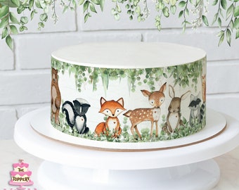 Woodland Animals - Edible Round, Cake Wrap Strips (4" Tall) - ICING Image, Birthday, Baby Shower, Decoration, Forest Friends, Green Foliage