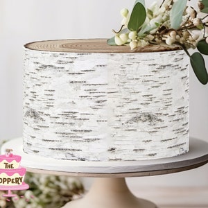White Birch Wood Tree Bark - Edible Round Cake Wrap Strips (4&quot; Tall) - ICING Image Decoration Birthday Baby Shower Wedding Wooden Stump