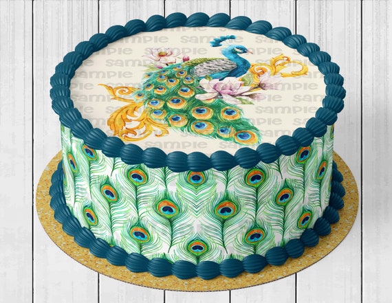 Plumes De Paon Fantaisie Topper De Gateau Rond Comestible Etsy Canada