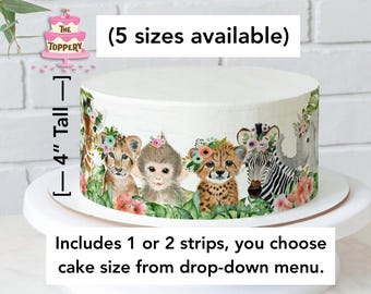 Safari Animals (4” Tall) Cake Wrap: Edible Icing Strips, Jungle Theme (You Choose Size)