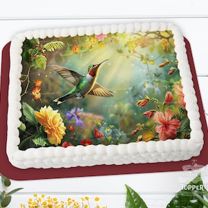 Hummingbird Cake Topper - Edible Rectangle, Icing Image Sugar Sheet, Birthday, Baby, Wedding, Cake Decoration, Party Favor