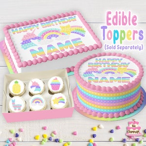 Pastel Rainbow Pop-Its - Edible Toppers - Round, Rectangle, Cake Wrap, Cookie, Cupcake, Unicorn, Personalized, Kid&#39;s Birthday Decoration