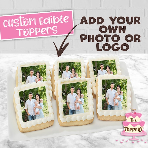 Edible ICING Rectangle Toppers, Add Your Own Photo, Theme or Logo, Rice Krispy Treats, Cake Topper Wraps, Cupcake, Cookie, Brownies