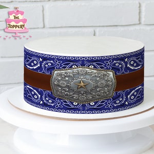 Country Western Belt Buckle - Edible Round Cake Wrap Strips (4&quot; Tall) - Icing Image Birthday Decor Cowboy Rodeo Blue Bandana Baby Shower