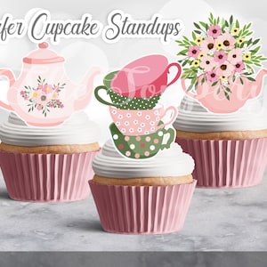 Floral Teapot & Cups - Wafer Cupcake Toppers, Precut Shapes, Edible Cut Outs, Circles, Stands Up in Frosting, Party Decorations