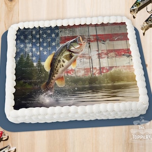American Fishing Cake Topper - Bass Fish Edible Rectangle, ICING Image Sugar Sheet, Birthday, Father&#39;s Day, Cake Decoration, Party Favor