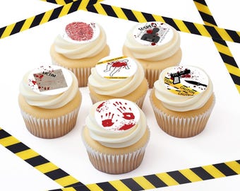 May include: Six cupcakes with white frosting and themed edible toppers. Toppers include a fingerprint, a victim outline, bloody handprints, a crime scene, a suspect, and a gun with a knife. Yellow and black caution tape borders the image.