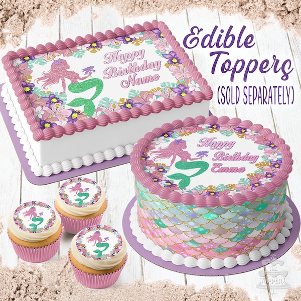 Glitter Mermaid - Edible Toppers Birthday Round Rectangle Cake Wraps Cookie Cupcake Ocean Princess Sea Creature Pastel Beach Decorations