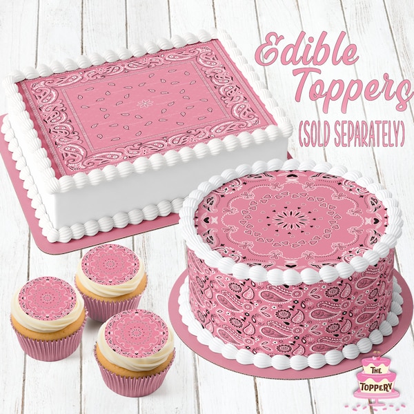 Pink Bandana - Edible Topper - Round, Rectangle, Cake Wrap, Cookie, Cupcake, Country Western, 1st Rodeo, Girl, Baby Shower, Birthday Decor