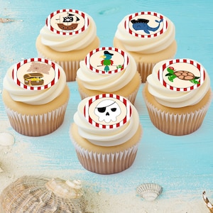 Pirate - Edible ICING Toppers, Precut, Captain Hook, Ocean, Beach, Cupcake, Cookie, Cake, Ship, Treasure, Birthday, Icing Image, Party Favor