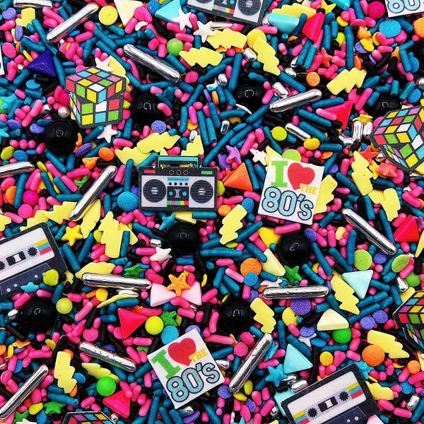 80's Neon Retro - Edible Candy Sprinkle Mix (w/ wafer images) for Cakes, Cupcakes, Cookies, Baby, Birthday, Party Decoration
