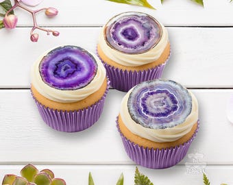 Edible Agate Slices Dessert Toppers – Purple Geode Rock Cupcake Decorations (Precut)