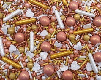 Champagne Dreams Edible Sprinkles – Rose Gold & White Cake Decoration