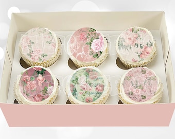 Pink Rustic Chic Flowers - Edible Toppers PRECUT Mini Standard Cupcake Cookie Cake Vintage Floral Mothers Day Birthday Icing Image