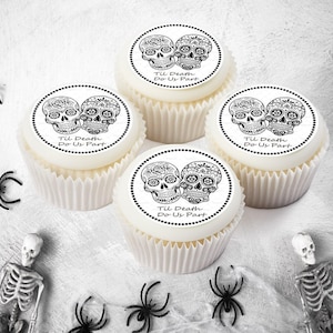Wedding Sugar Skulls - Precut Edible Icing Toppers for Cupcakes, Cookies, Til Death Do Us Part, Halloween, Bridal Shower, Party Favor Treats