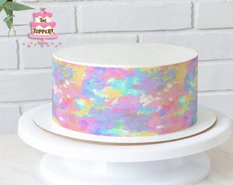 Pastel Tie Dye Edible Cake Wrap: Rainbow Watercolor Icing (4” Tall) for Round Cake