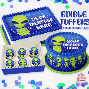 Green Alien - Edible ICING Toppers, Round, Rectangle, Cake Wrap, Cookie, Cupcake, Cryptid, Outer Space Kid&#39;s Birthday, Stars, Creature Party