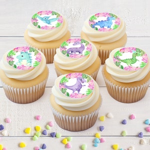 Party Dinosaurs - Edible ICING Toppers, Precut, Cupcake, Cookie, Cake Pop, Floral, Girl Birthday, Baby Shower, Icing Image, Party Favors