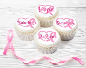 Breast Cancer Awareness - Precut Edible Icing Toppers for Cupcakes, Cookies: Pink Ribbon, October, Birthday, Party