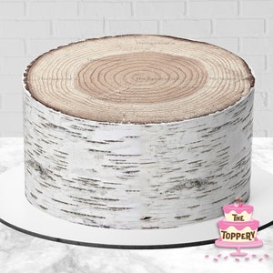 May include: A round cake with a birch tree trunk design. The cake has a light brown top with concentric circles and a white and black birch bark pattern on the sides. It sits on a white cake board.