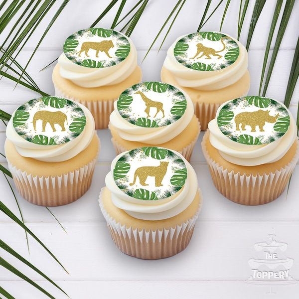 Gold Safari Animals - Edible ICING Toppers Precut Cupcake Cookie Cake Jungle Wild One Zoo Frosting Image 1st Birthday Baby Shower Party