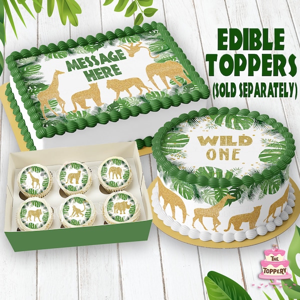 Gold Safari Animals - Edible Toppers - Round Rectangle Cake Pop Wraps Cookie Cupcake Chocolate Strawberry Macaron Dessert Decoration