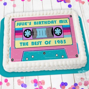 Retro 80&#39;s Mix Tape Cake Topper - Edible Rectangle, Icing Image Sugar Sheet, Pop Culture, Neon, Back to 80s, Birthday, Cake Decoration