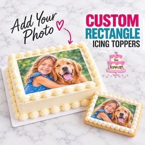 May include: A rectangular cake and a rectangular cookie, both featuring an edible photo of a child and a golden retriever. The text "Add Your Photo" and "CUSTOM RECTANGLE ICING TOPPERS" appears above the cake, along with a small pink cake icon.