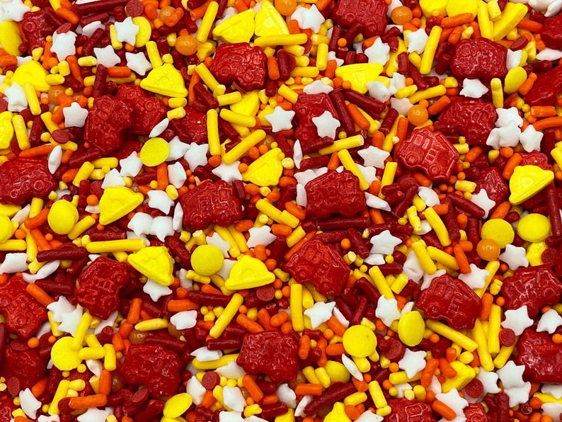 Fire Trucks - Edible Candy Shapes Sprinkle Mix for Cakes, Cupcakes, Cookies, Baby, Wedding, Birthday, Party Favors, Decorations Bild 1