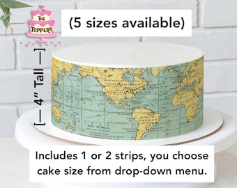Vintage World Map Cake Strips (4” Tall”) - Edible Icing Image, Adventure Theme