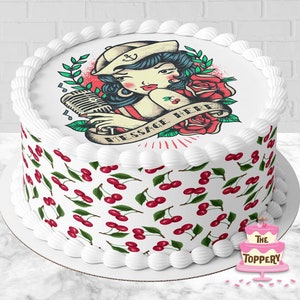 Cherry Pin Up - Edible Round Cake Topper, Cake Wraps or Full Set Icing Image Birthday Decoration (Choose From Drop-Down Menu)