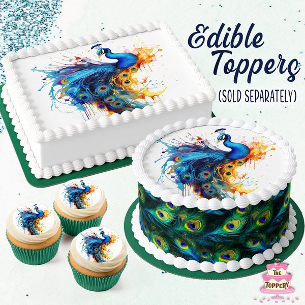 Fancy Peacock - Edible Toppers Round Rectangle Cake Wrap Cookie Cupcake Chocolate Birthday Baby Shower Watercolor Bird Feathers Decoration
