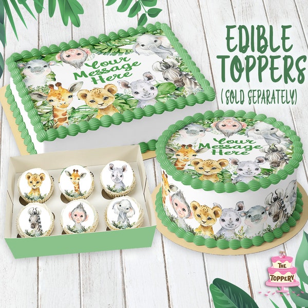 Safari Animals - Edible Topper - Round Rectangle Cake Wrap Cookie Cupcake Chocolate Strawberry Birthday Boy Baby Shower Decoration