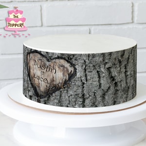 Personalized Carved Heart Wood Tree Bark - Edible Round Cake Wrap Strips (4&quot; Tall) - Icing Image Wedding Engagement Wooden Stump Decoration