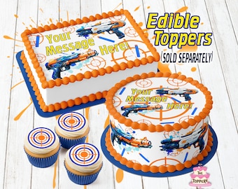 Battle Blaster - Edible ICING Toppers, Round, Rectangle, Cake Wraps, Cookie, Cupcake, Kid&#39;s Birthday Party, Blue & Orange, Target, Bullseye