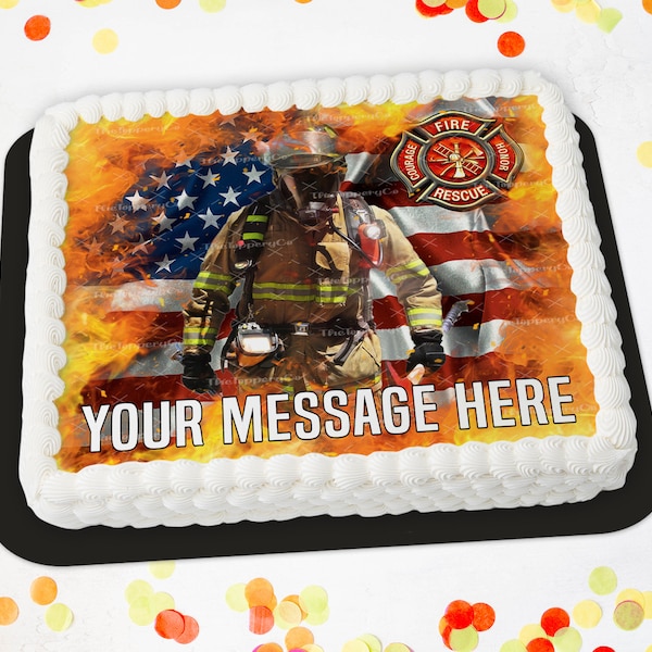 Fire Fighter Fireman Cake Topper - Edible Rectangle, Icing Image Sugar Sheet, Birthday, Baby, Wedding, Cake Decoration, Party Favor