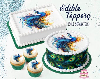 Fancy Peacock - Edible Toppers Round Rectangle Cake Wrap Cookie Cupcake Chocolate Birthday Baby Shower Watercolor Bird Feathers Decoration