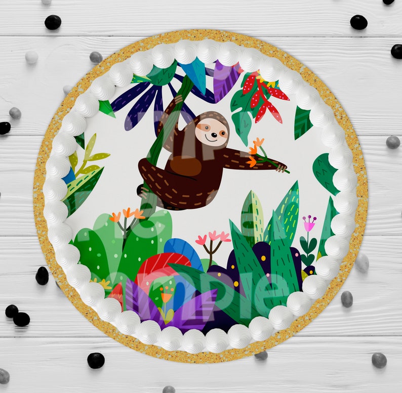 Edible Round Cake Topper Sloth Hanging Out Choose From Drop-Down Menu Icing Image Frosting Birthday Decoration