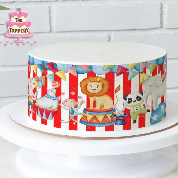 Circus Animals - Edible Round Cake Wrap Strips (4" Tall) - Icing Image Birthday Decoration Carnival Big Top Lion Elephant Lion Baby Shower