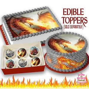Fire Dragon - Edible ICING Toppers, Round, Rectangle, Cake Wraps, Cookie, Cupcake, Cakepop, Macaron, Chocolate Cookie, Birthday, Party Favor