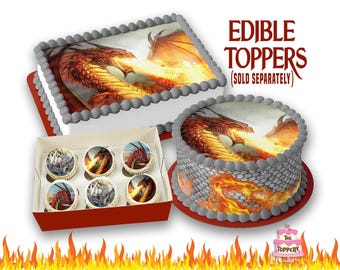 Fire Dragon - Edible ICING Toppers, Round, Rectangle, Cake Wraps, Cookie, Cupcake, Cakepop, Macaron, Chocolate Cookie, Birthday, Party Favor