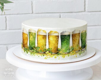 St. Patrick's Day Edible Cake Wrap – Beer & Shamrock Icing Strips (4" Tall)