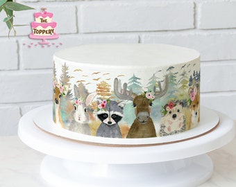 Woodland Animals - Edible Round Cake Wrap Strips (4" Tall) - Icing Image Birthday Baby Shower Decoration Forest Friends Green Foliage