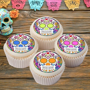 Sugar Skulls - Edible ICING Toppers | Precut Dia De Los Muertos Cupcake Halloween Bridal Shower Frosting Party Favors | Day Of The Dead