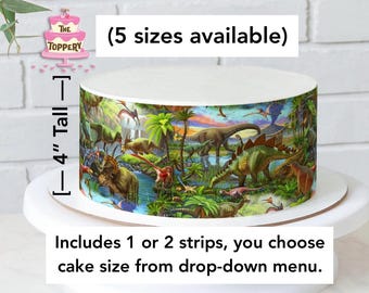 Dinosaur Cake Wrap Strips: Edible Icing Jurassic Scene (4" Tall)